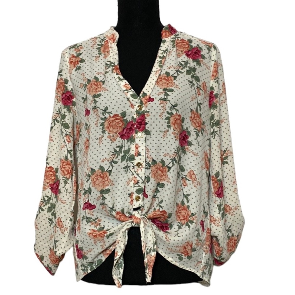 Liberty Love Floral Tie Front Semi Sheer Top M